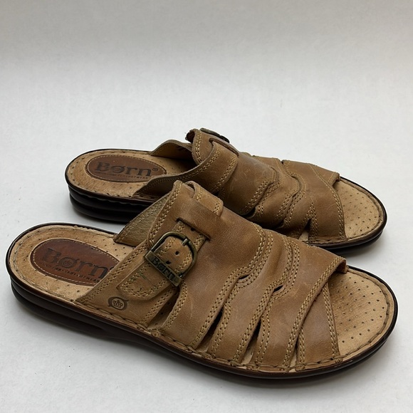 Pair Tan Leather Women’s Sz 8 Born Slip-on Sandals - Picture 3 of 10